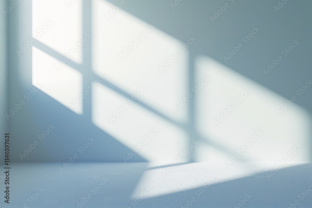 Poster serene room with soft light and shadow patterns created by window panes on a blank wall soft blue