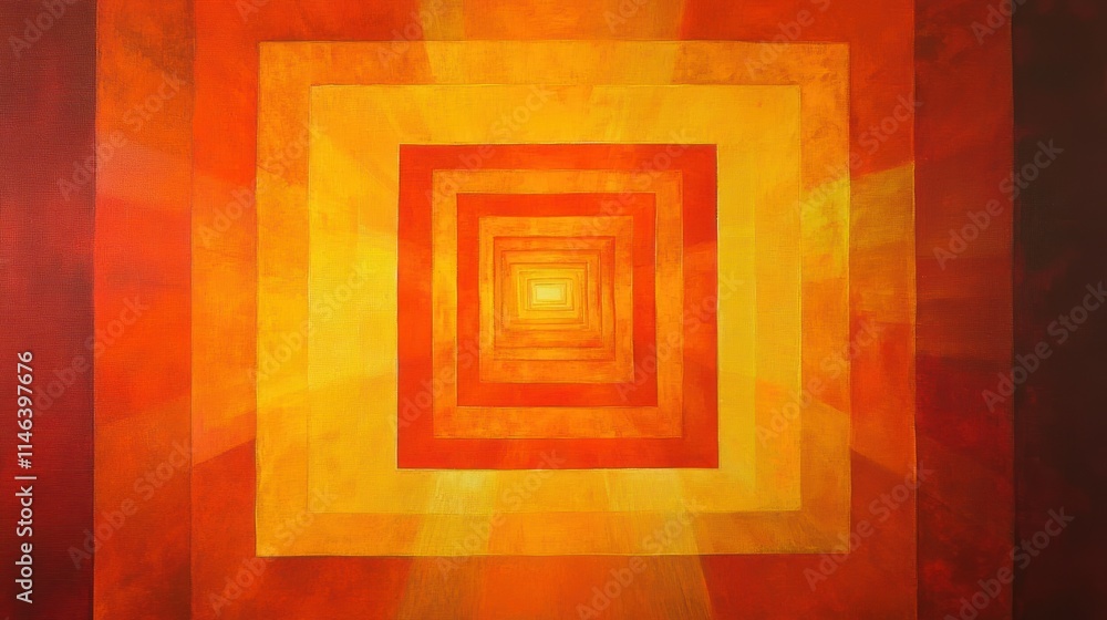 Poster a vibrant abstract composition featuring concentric squares in warm colors radiating light.