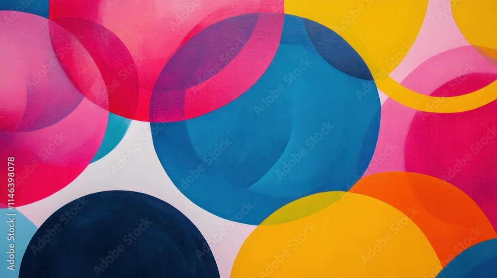Poster A vibrant abstract composition featuring overlapping circles in various colors and transparencies.