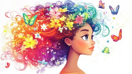 Whimsical Cartoon Girl with Vibrant Colorful Hair and Fantasy Elements &ndash; Children&rsquo;s Illustration