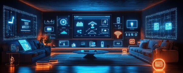Modern smart home technology interface in futuristic digital living room setup