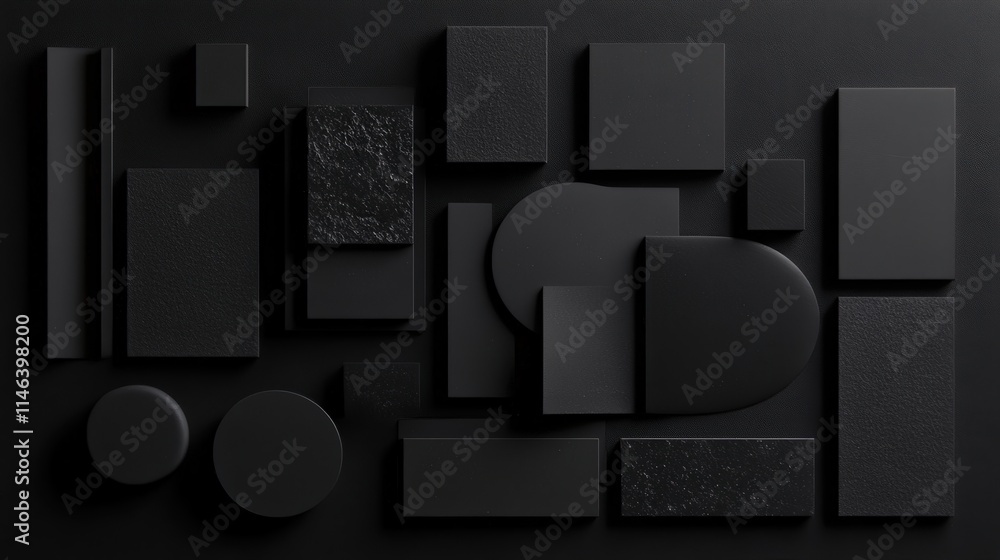 Poster a minimalistic black background with abstract shapes faintly textured to add depth.