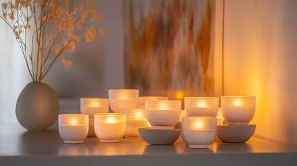 A serene, atmospheric arrangement showcasing the warm, flickering glow of numerous tealight candles, their soft, golden hues casting a tranquil, inviting ambiance reminiscent of a cozy,