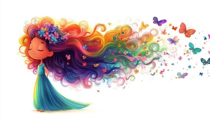 Whimsical Cartoon Girl with Vibrant Colorful Hair and Fantasy Elements &ndash; Children&rsquo;s Illustration