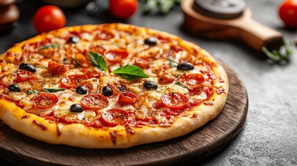 Delicious pizza with pepperoni, mozzarella, black olives and basil resting on wooden board