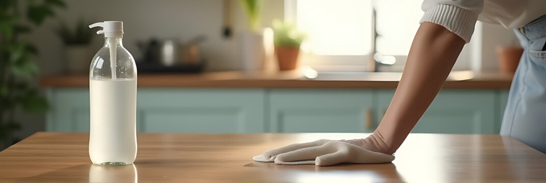 Cleaning furniture with alcohol in a kitchen is an example of preventive body health care against the coronavirus outbreak._00003_