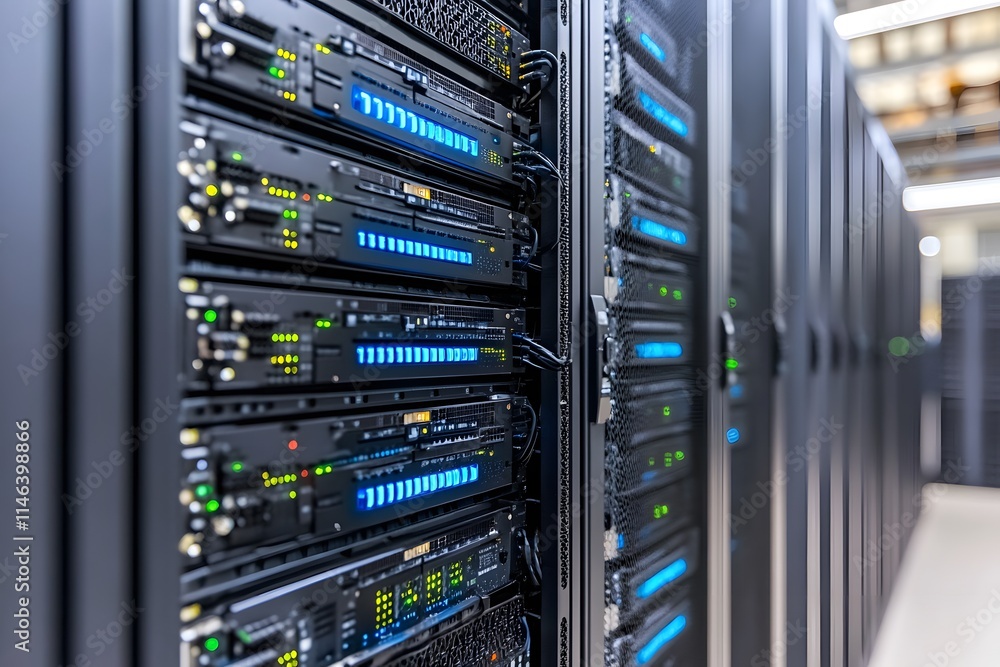 Aufkleber data center server racks with network equipment.