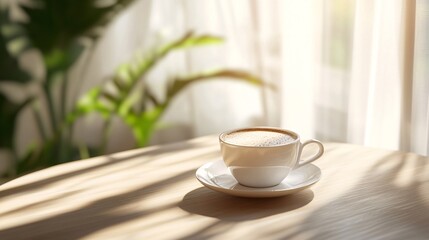 Relaxing morning coffee near window with houseplants creating cozy atmosphere