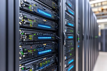 Data center server racks with network equipment.