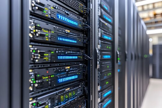 Data center server racks with network equipment.
