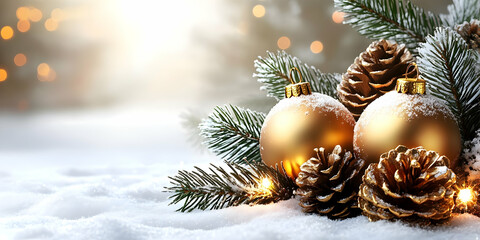 Winter Wonderland: Festive Gold Ornaments & Pine Cones in Snow