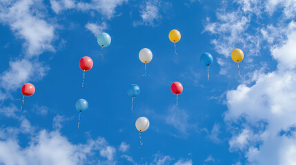 Colorful balloons floating in a bright blue sky with fluffy white clouds