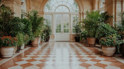 Naklejka premium Sunlit conservatory with potted plants and checkered floor.