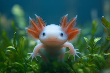 Charming white axolotl with orange feathery gills underwater nature photography aquatic habitat