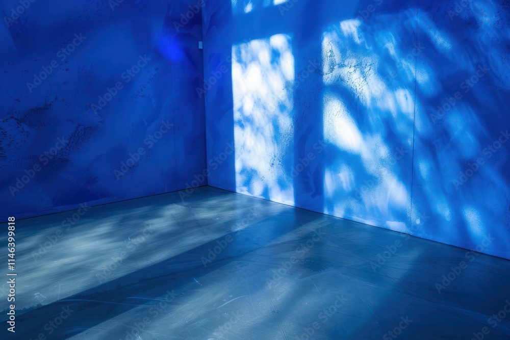 Poster serene blue room with soft shadows and light patterns creating a tranquil atmosphere.