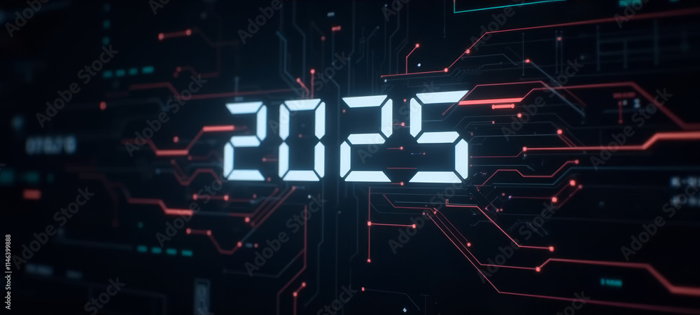 Poster digital futuristic display showing the year 2025 with abstract circuitry design