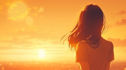 美しい日の出とアニメ調の日本人美少女