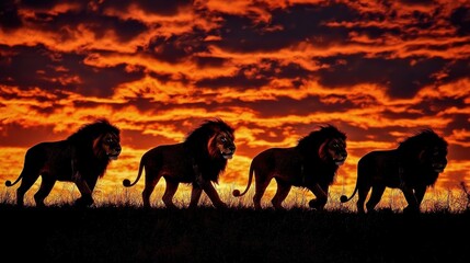 Lions walking silhouetted against a fiery sunset african savanna wildlife photography nature scene
