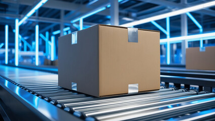 Cardboard on Automated Conveyor in Modern Warehouse with Neon Blue Lighting