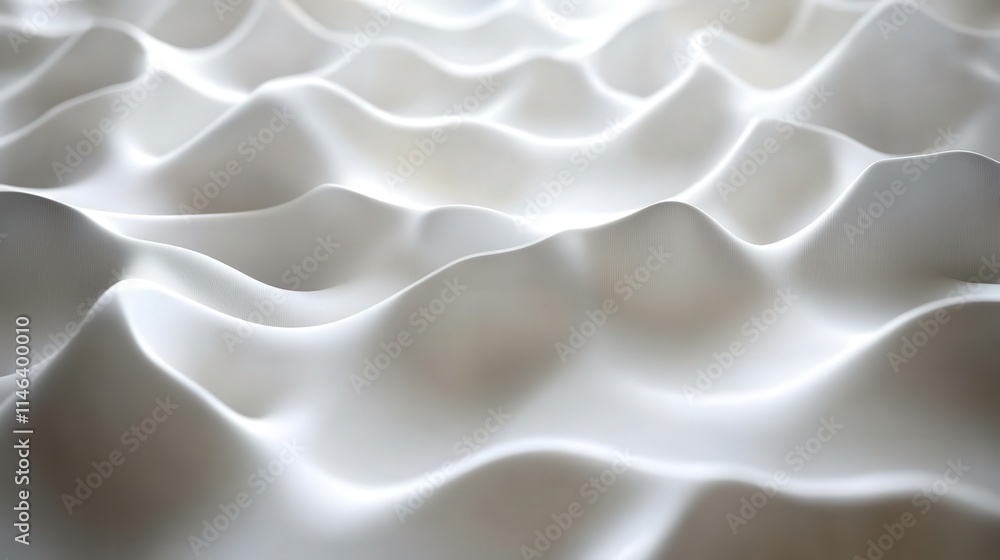 Poster a seamless 3d wave pattern in white, undulating smoothly across the surface. light catches each cres