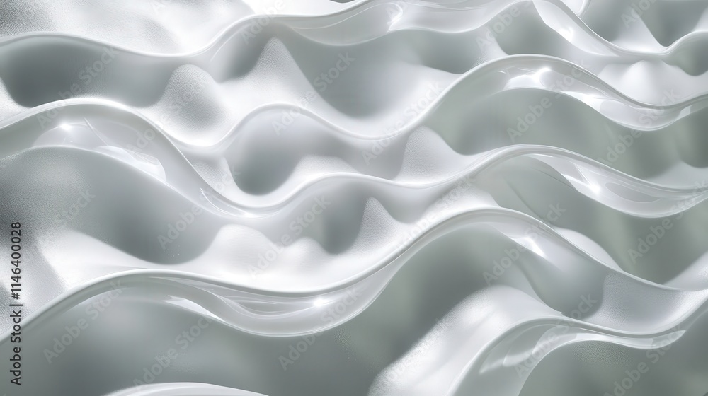 Poster a seamless 3d wave pattern in white, undulating smoothly across the surface. light catches each cres