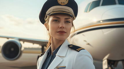 Confident female pilot at airport professional portrait aviation environment close-up view