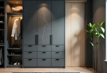 A modern and minimalist walk-in closet with dark wood shelves and drawers, providing ample storage space for clothes.