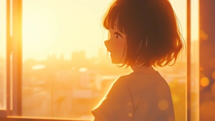 美しい日の出とアニメ調の日本人美少女