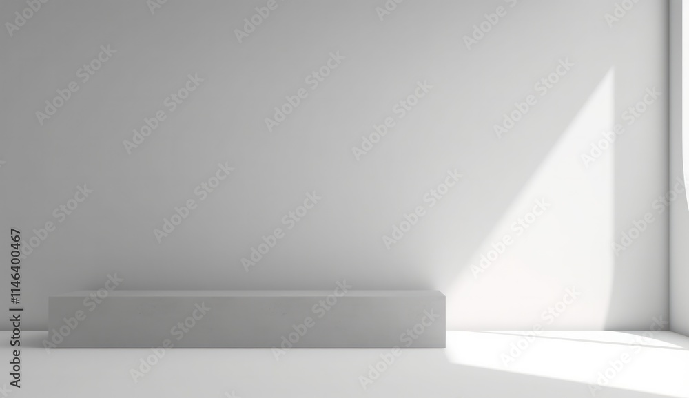 Poster minimalistic room featuring a white wall a platform and soft light casting a shadow creating a seren