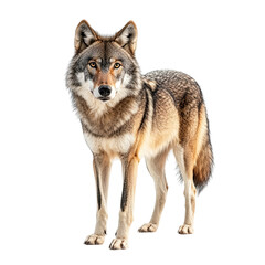 Angled view full body shot of an extremely perfect looking single Eurasian Wolf isolated on a white transparent background