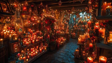 A visually striking composition highlighting the mesmerizing interplay of light and shadow produced by the many lit candles, their radiant glow imbuing the frame with a sense of reverence,