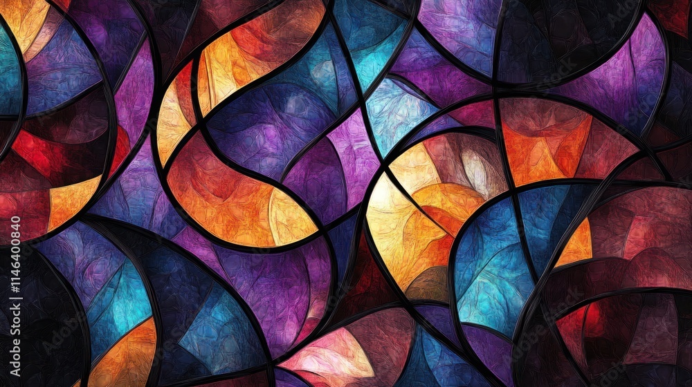 Poster a vibrant abstract design resembling stained glass with swirling colors and shapes.