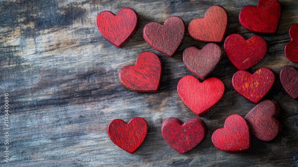 Poster Small red hearts are scattered across a rustic wooden surface, creating a warm and inviting atmosphere ideal for romantic occasions or festive events. The vibrant colors add a cheerful touch.