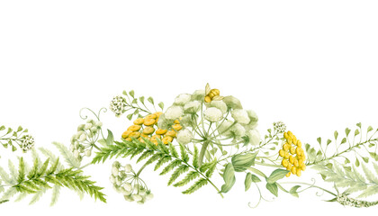 Fototapeta premium Seamless border with wild flowers and herbs. Watercolor illustration hand drawn and isolated