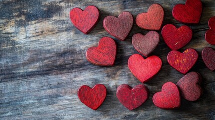 Obraz premium Small red hearts are scattered across a rustic wooden surface, creating a warm and inviting atmosphere ideal for romantic occasions or festive events. The vibrant colors add a cheerful touch.