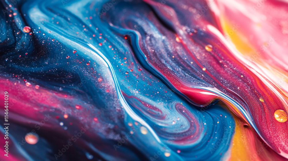 Poster abstract swirl of vibrant colors with shimmering effects in close-up view.
