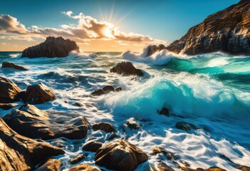 vibrant coastal landscape featuring striking turquoise waves crashing dramatic rocky formations under clear sky, beach, coastline, ocean, rocks, cliffs
