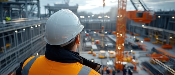 Construction worker observing site with crane and machinery activity