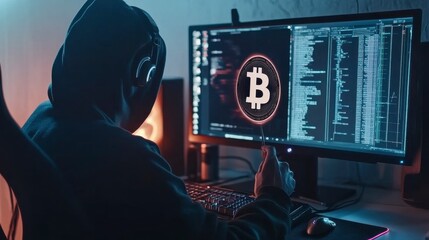 Mysterious Figure in Hoodie Working on Computer with Bitcoin Symbol Illuminated, Symbolizing Cybersecurity, Technology, and Cryptocurrency Dynamics