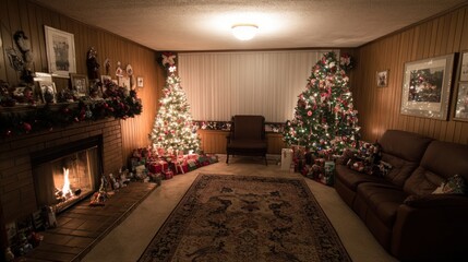 Cozy living room with two decorated Christmas trees, fireplace, and presents at night.