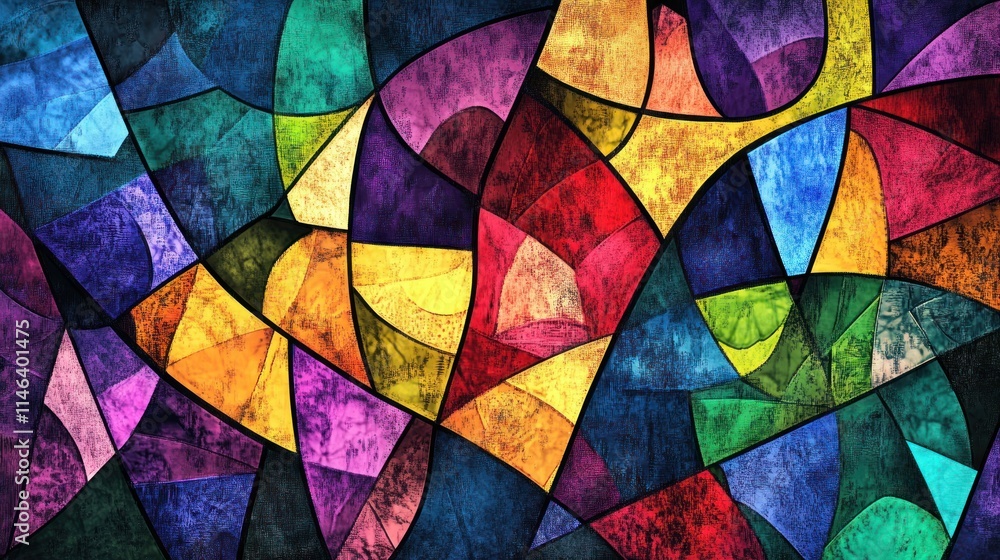Poster a vibrant abstract design with colorful geometric shapes resembling stained glass.