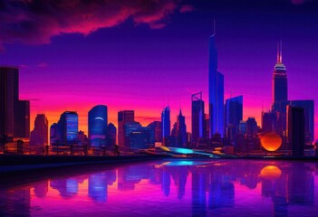 Obraz premium breathtaking enigmatic city skyline twilit dusk showcasing colorful light displays dramatic architectural silhouettes, twilight, urban, architecture