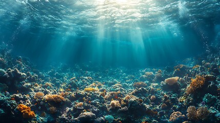 Fototapeta premium Sunlit Underwater Coral Reef Scene With Fish