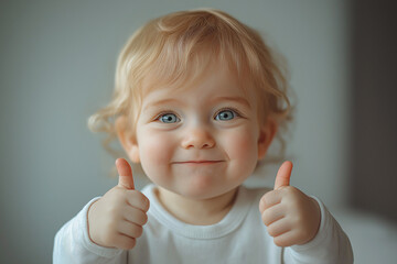 Delightful european toddler expressing joy with thumbs up in cozy indoor setting