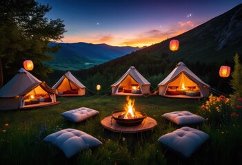 stunning glamping scene showcasing beauty adventure amidst scenic landscapes vibrant flora, camping, outdoor, journey, travel, exploration, nature
