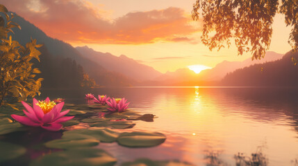 Serene Sunset over Mountain Lake with Pink Lotus Flowers