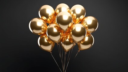 A cluster of golden balloons floating in mid-air, Gold balloons bunch on a black wall background. Horizontal banner, Golden balloons