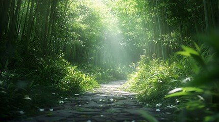 Obraz premium Photo of a path through a bamboo forest surrounded background