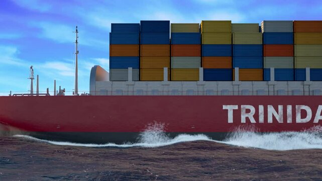 Massive Cargo Freight Container Ship Navigating Waters with Flag and Country Name Trinidad And Tobago