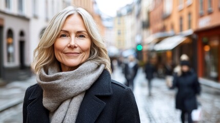 Fototapeta premium Middle-Aged and Elderly Woman Standing on Street, Smiling at the Camera, Positive Emotions, Outdoor Lifestyle, Portrait Photography, Urban Setting, Confidence and Happiness